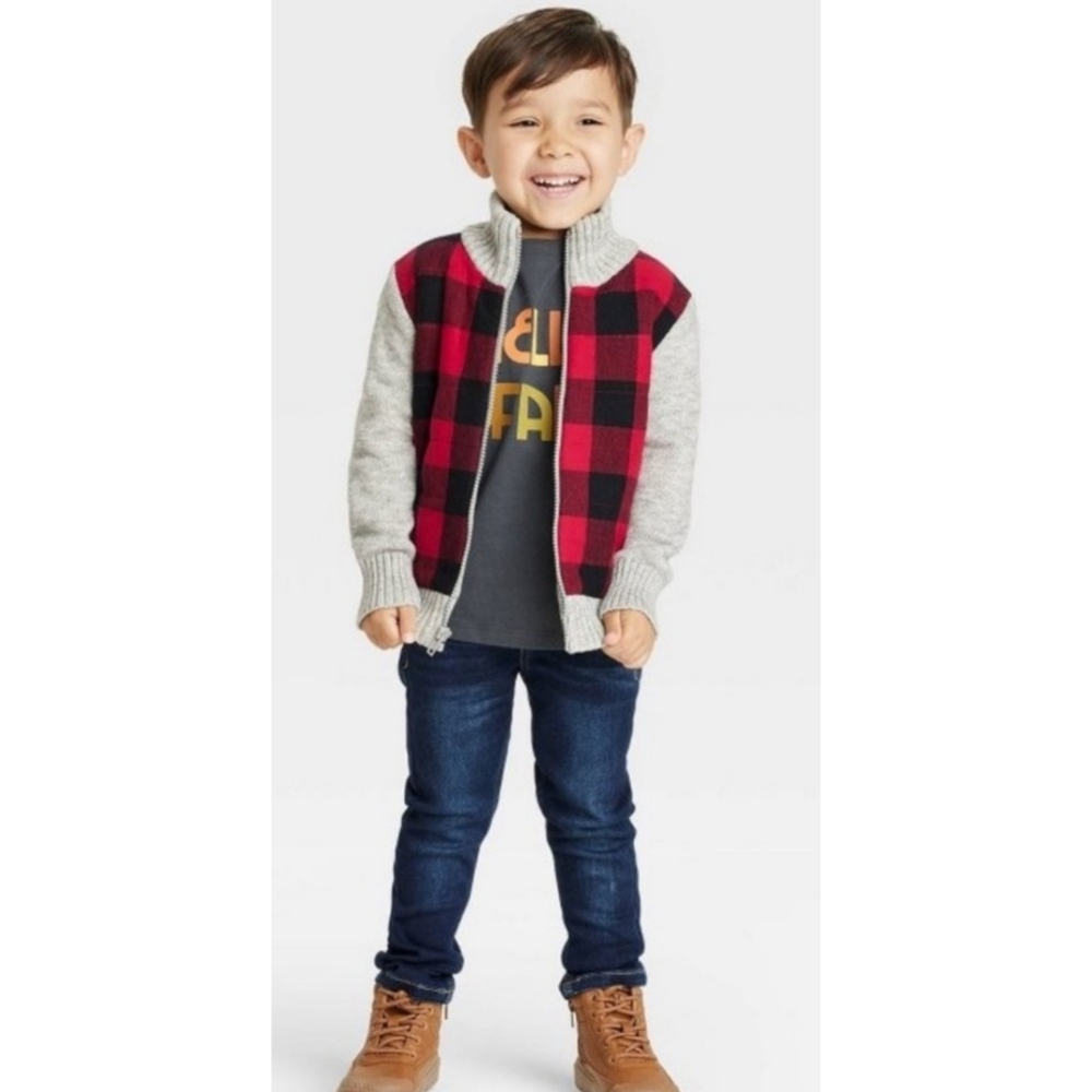 Cat & Jack Buffalo Check Knit Zip up Sweater Red & Black Size 3T